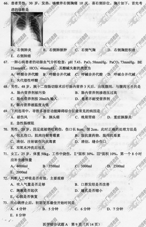 广东省成人高考2014年统一考试专升本医学综合真题A卷