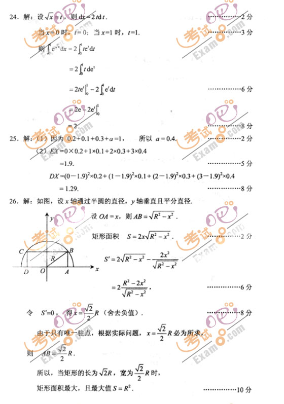 2010成人高考专升本高数(二)试题及答案